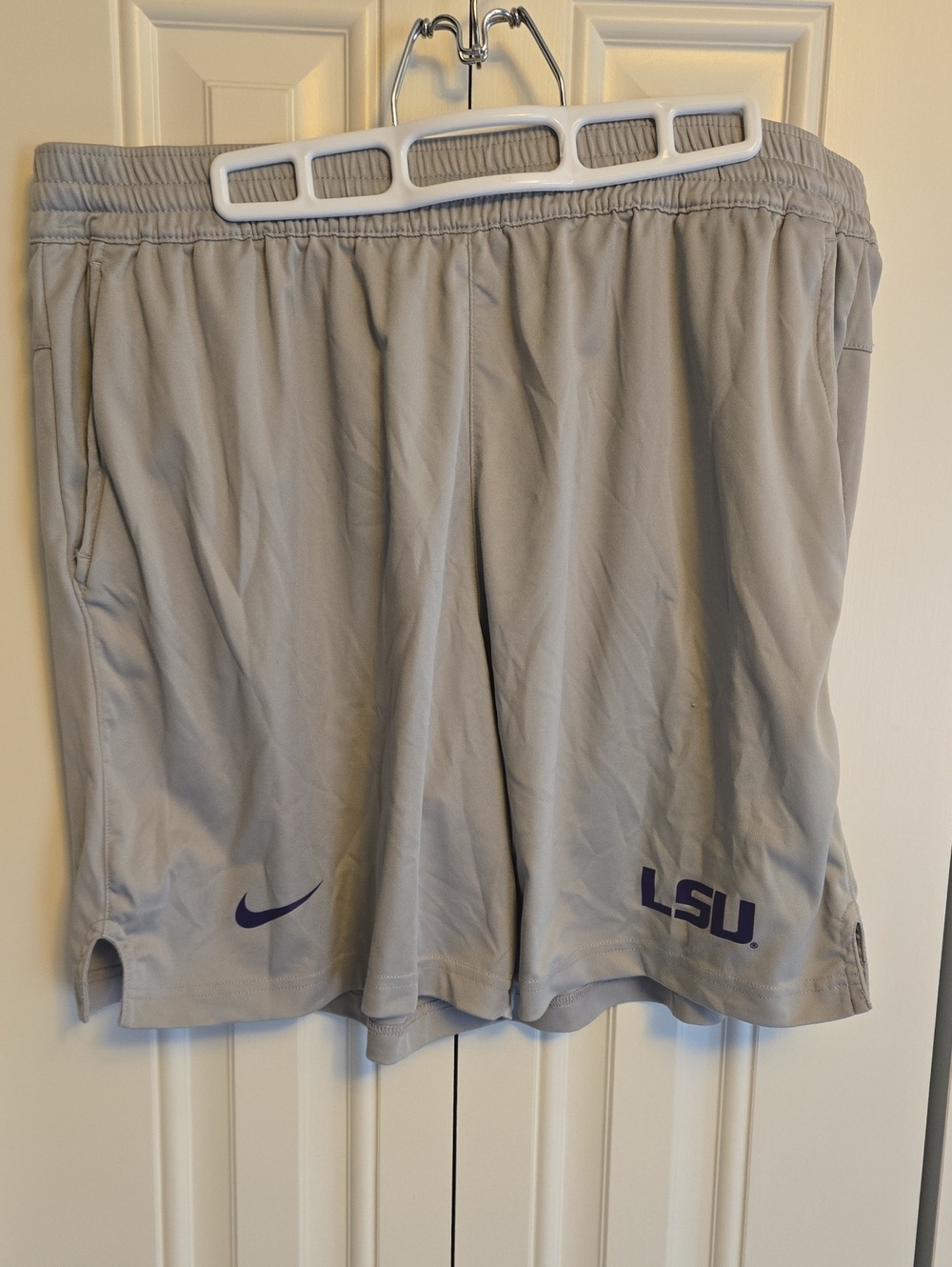 Nike Light Gray LSU Athletic Shorts with Purple Accents